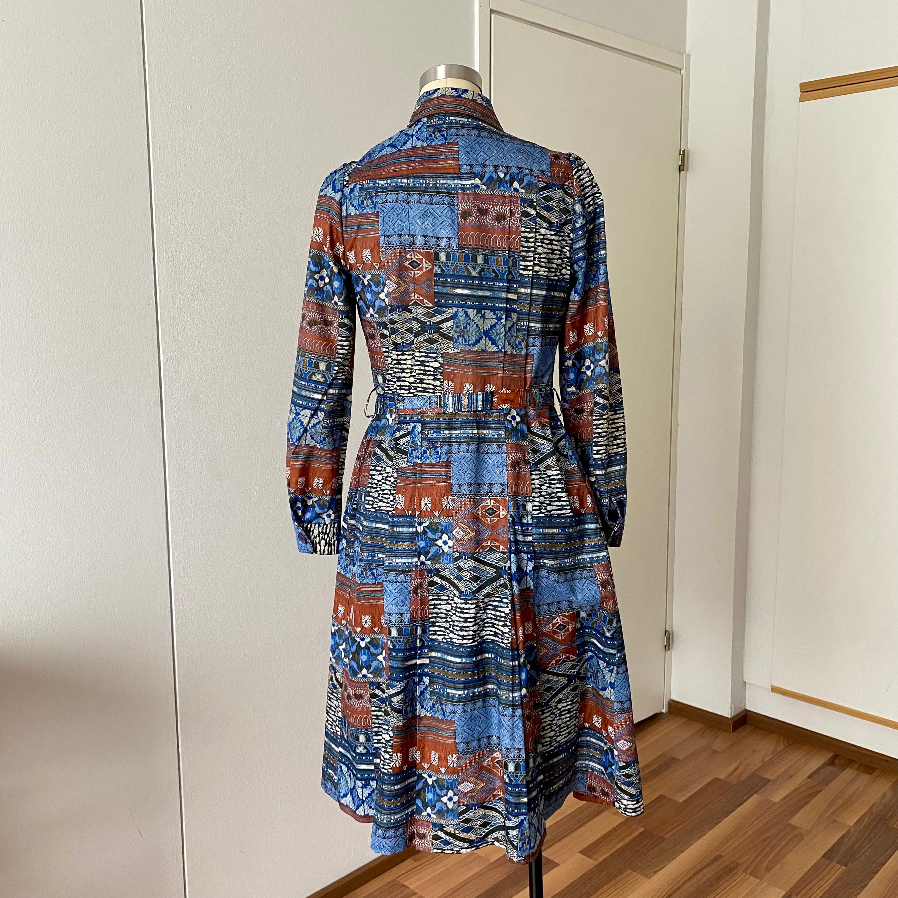 1970s BETTY BARCLAY Boho Shirt Dress-Patchwork Print Belted Hippie Folk Midi Dress