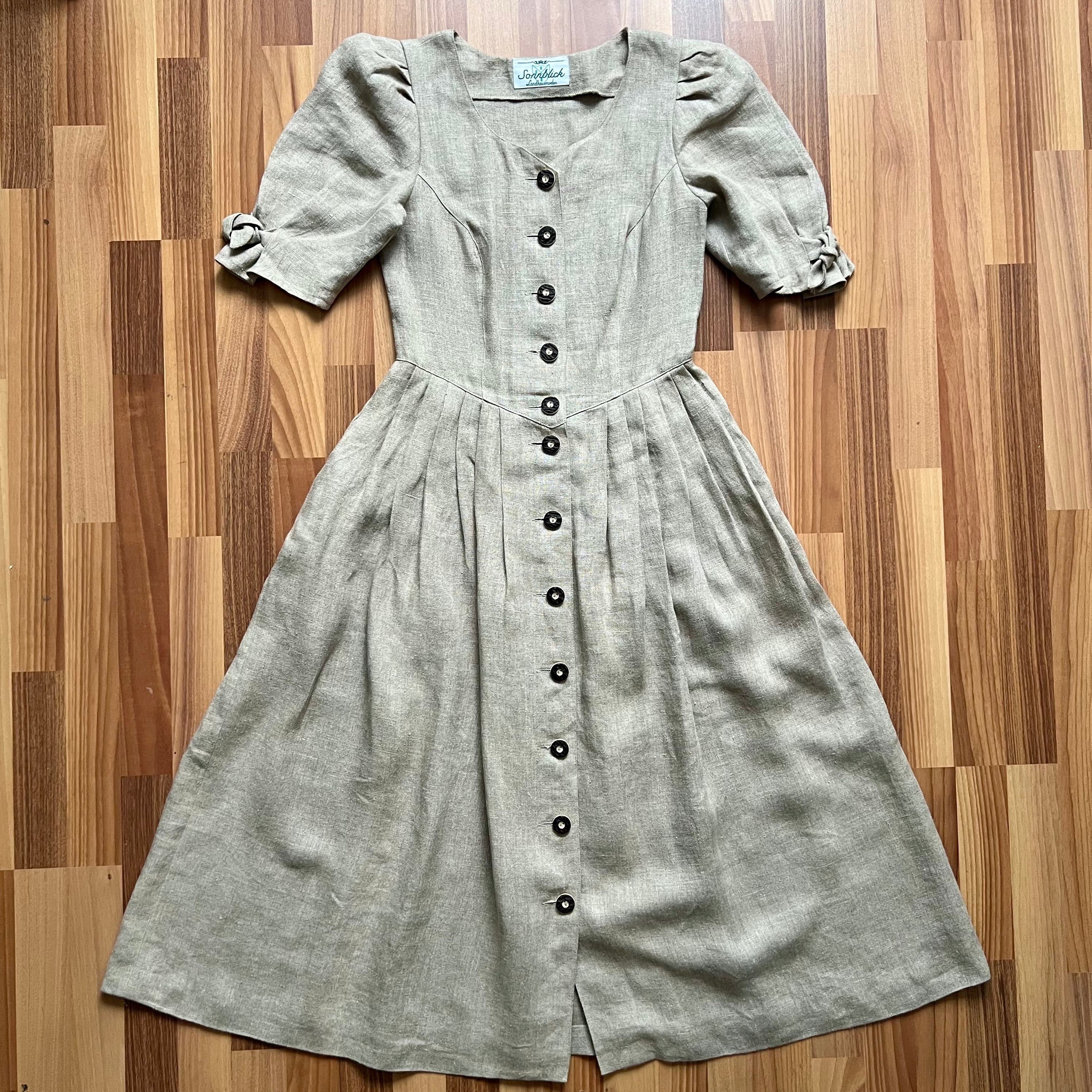 Vintage Brown Linen Trachten Dress-Puff Sleeves Austrian Folk Dress-Cottagecore Tyrol Dress