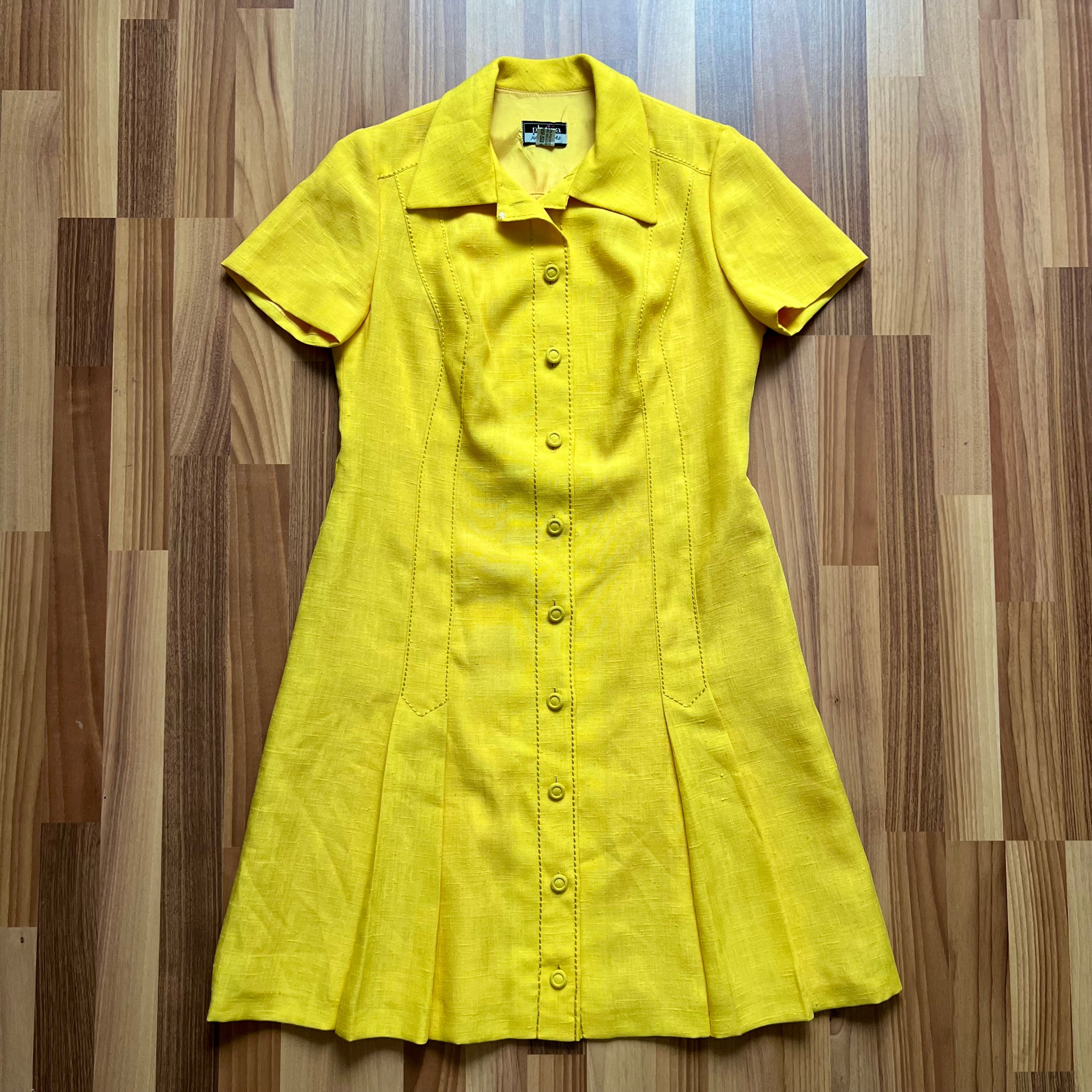 1960s/1970s Vintage Yellow Mod Shirt Dress-Plus Size Aline Button Front Day Dress EU 46