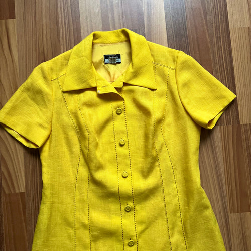 1960s/1970s Vintage Yellow Mod Shirt Dress-Plus Size Aline Button Front Day Dress EU 46