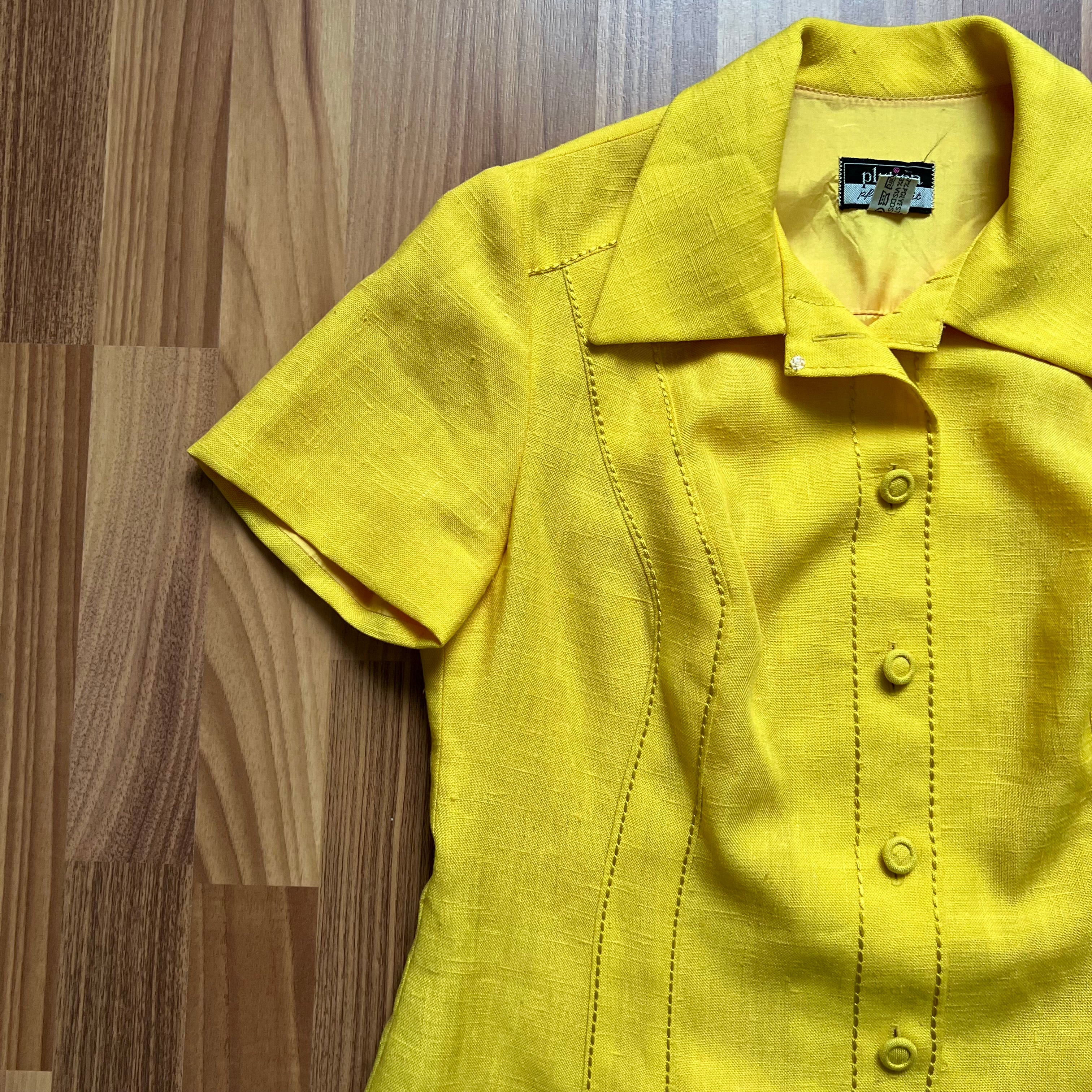 1960s/1970s Vintage Yellow Mod Shirt Dress-Plus Size Aline Button Front Day Dress EU 46