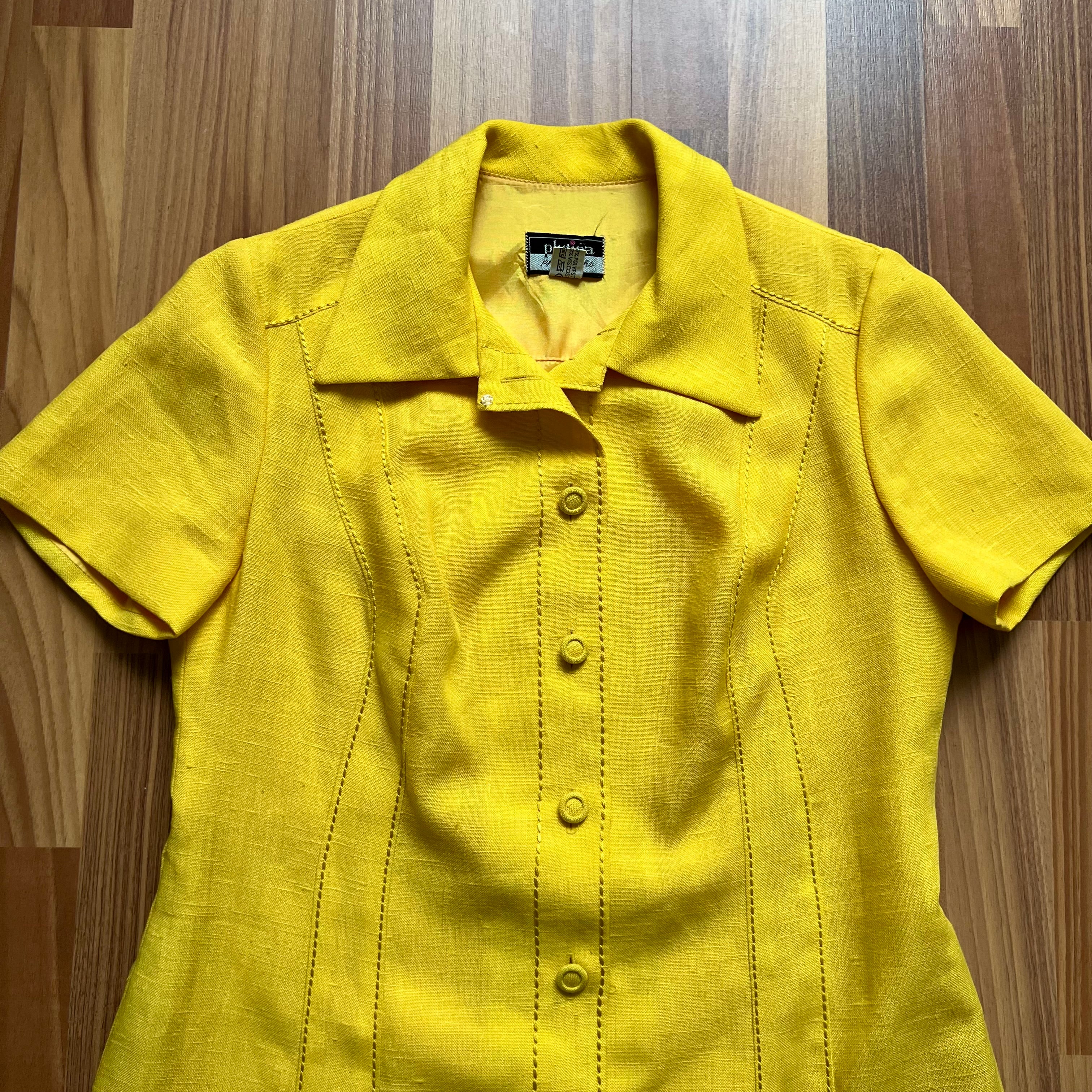 1960s/1970s Vintage Yellow Mod Shirt Dress-Plus Size Aline Button Front Day Dress EU 46