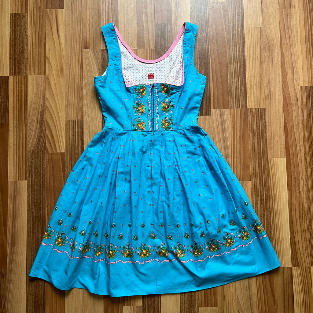 70s 80s Blue Floral Trachten Dress-Austrian Folk Oktoberfest Dirndl-Bavarian Cottagecore Tyrol Dress-