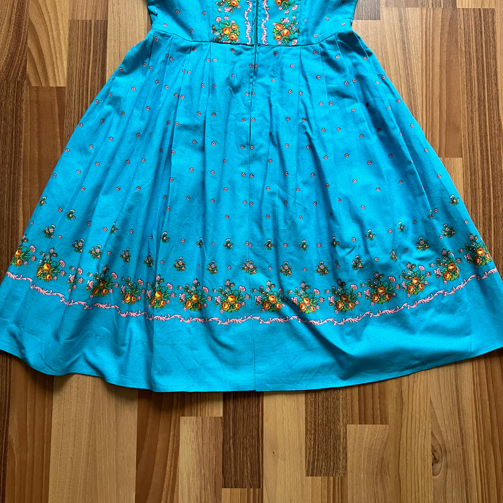70s 80s Blue Floral Trachten Dress Austrian Folk Oktoberfest Dirndl-BavarianTyrol Dress EU 38