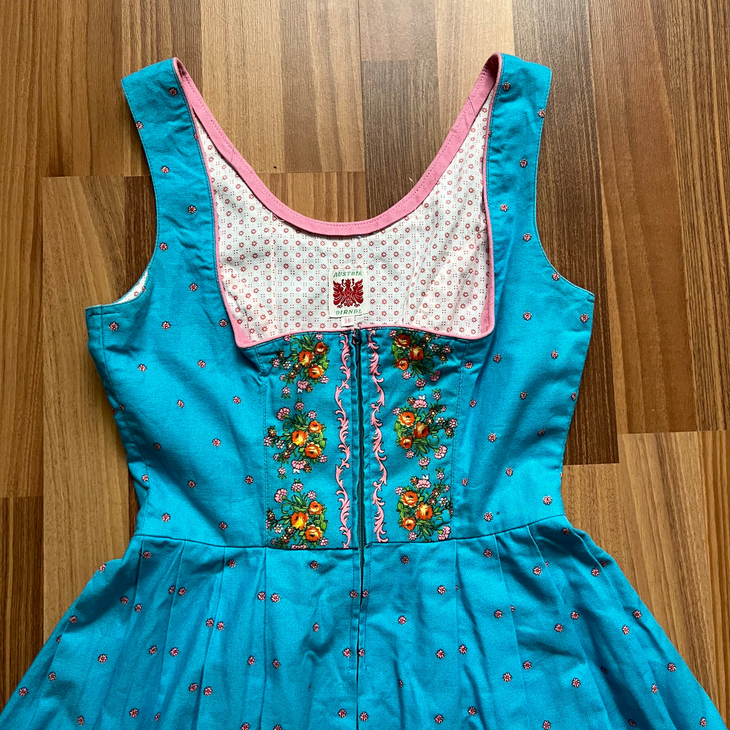 70s 80s Blue Floral Trachten Dress Austrian Folk Oktoberfest Dirndl-BavarianTyrol Dress EU 38