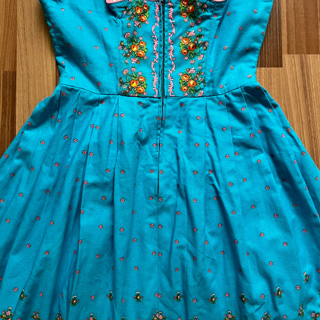 70s 80s Blue Floral Trachten Dress Austrian Folk Oktoberfest Dirndl-BavarianTyrol Dress EU 38