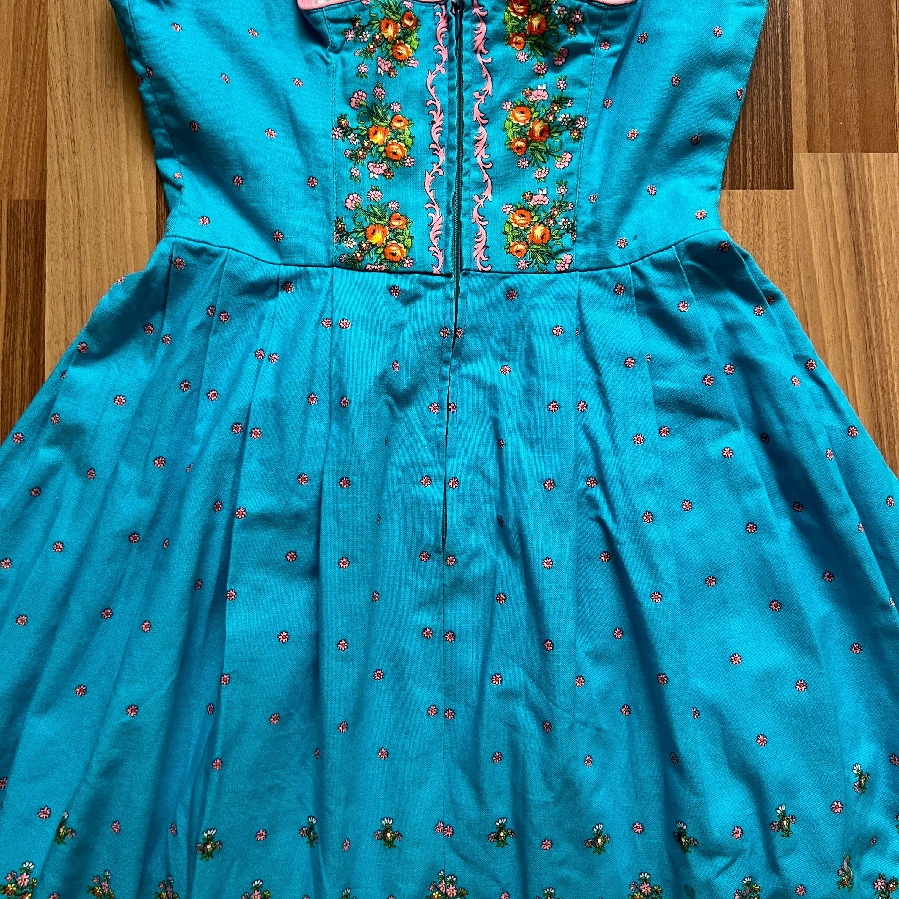 70s 80s Blue Floral Trachten Dress Austrian Folk Oktoberfest Dirndl-BavarianTyrol Dress EU 38