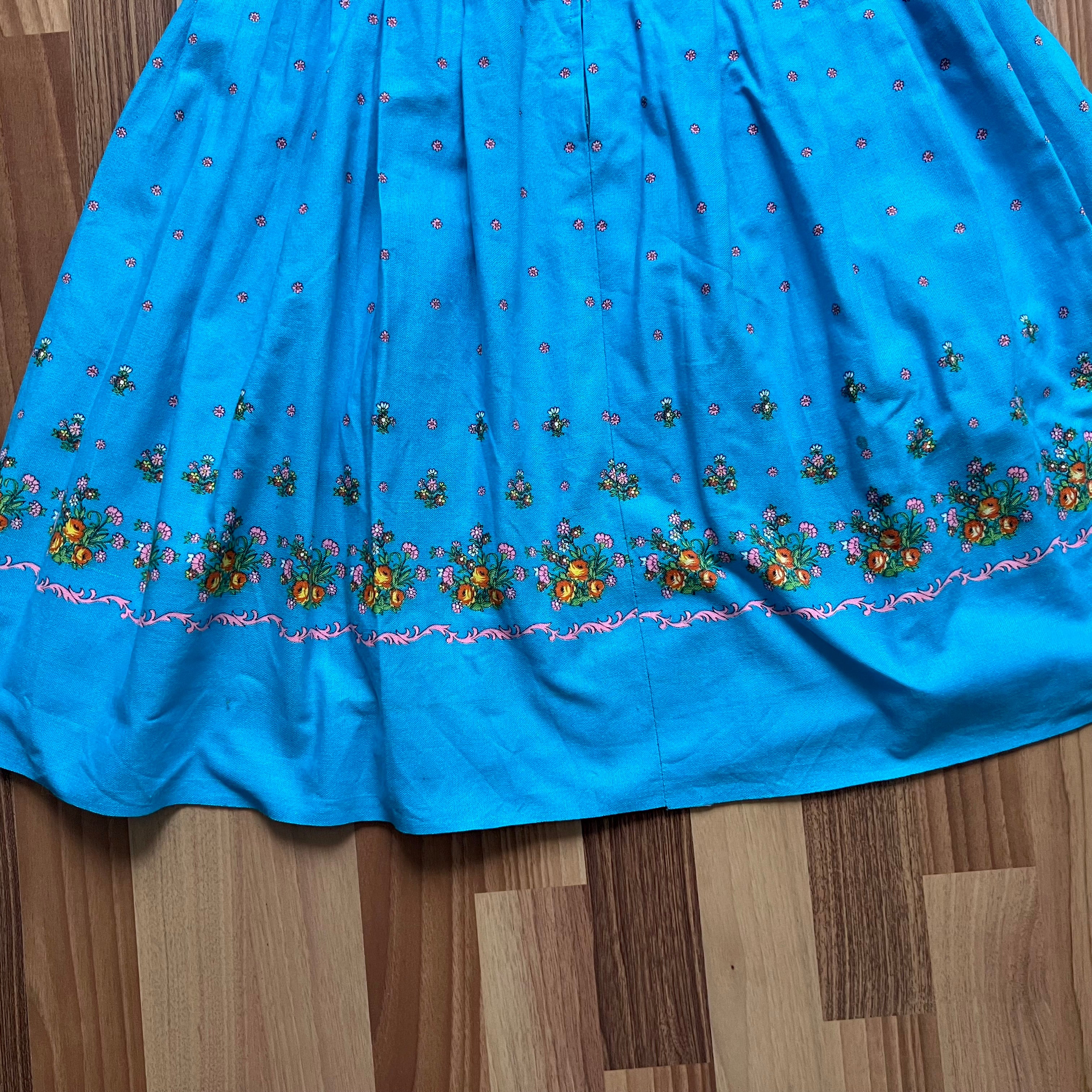 70s 80s Blue Floral Trachten Dress Austrian Folk Oktoberfest Dirndl-BavarianTyrol Dress EU 38