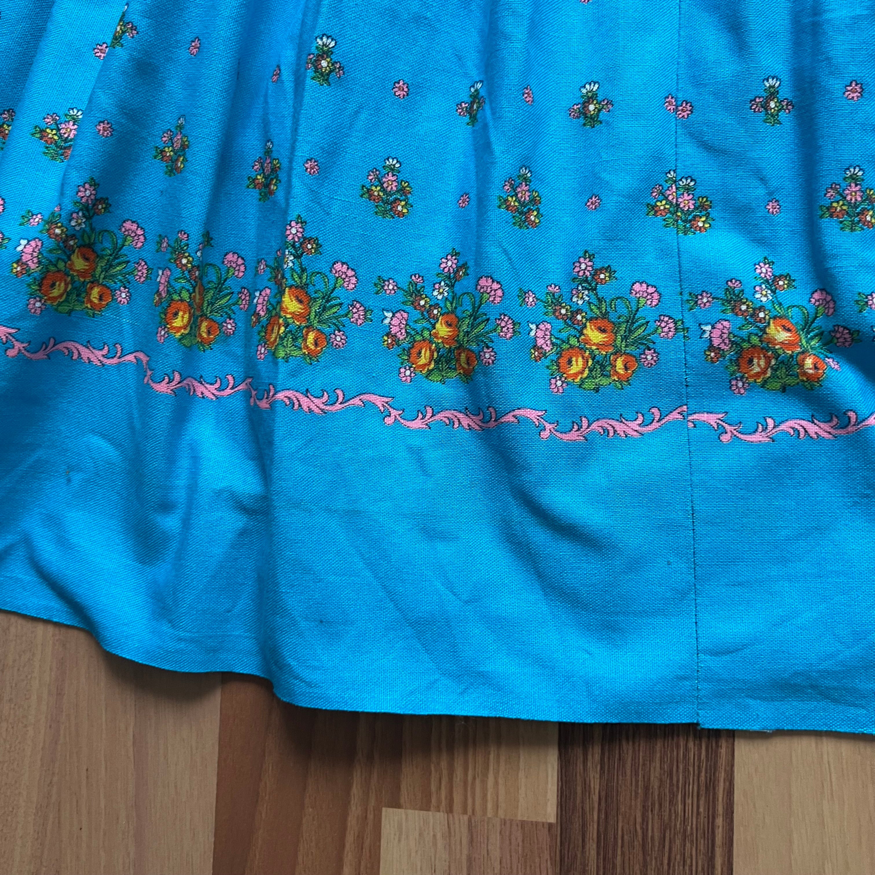 70s 80s Blue Floral Trachten Dress Austrian Folk Oktoberfest Dirndl-BavarianTyrol Dress EU 38