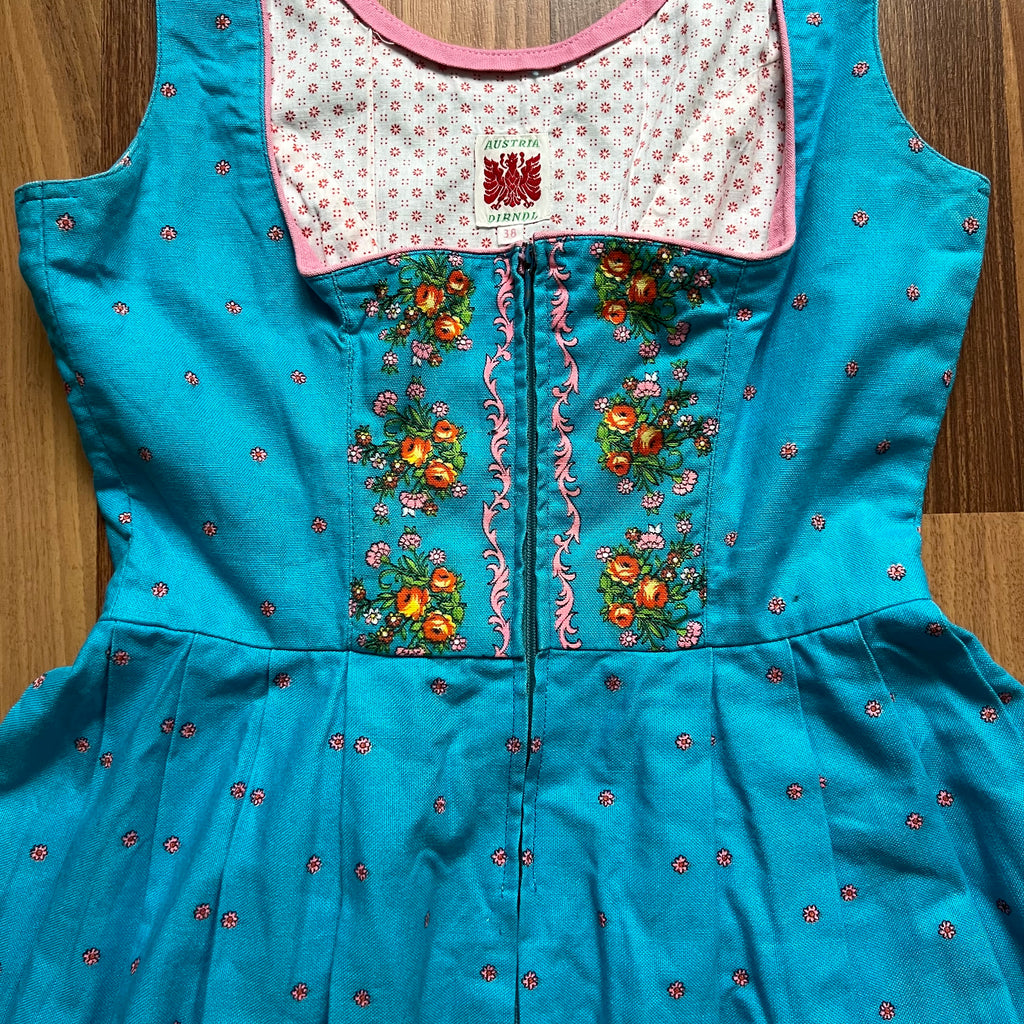 70s 80s Blue Floral Trachten Dress Austrian Folk Oktoberfest Dirndl-BavarianTyrol Dress EU 38