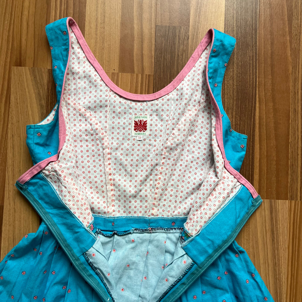 70s 80s Blue Floral Trachten Dress Austrian Folk Oktoberfest Dirndl-BavarianTyrol Dress EU 38