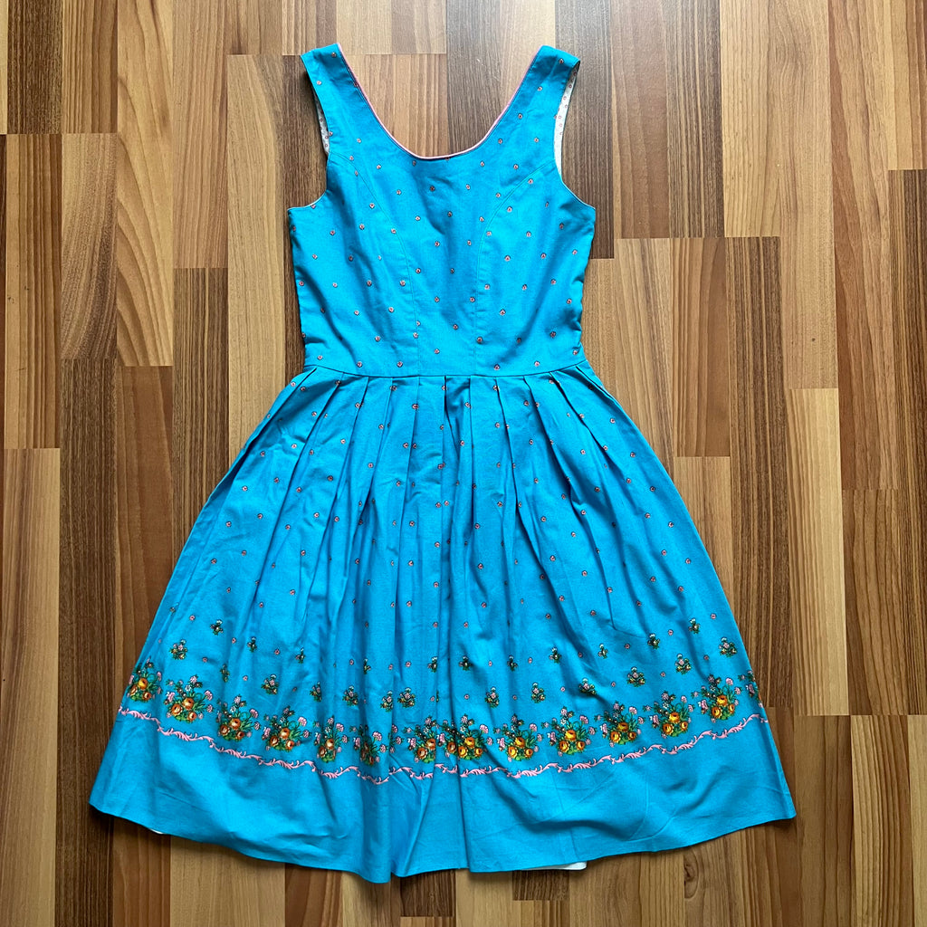 70s 80s Blue Floral Trachten Dress Austrian Folk Oktoberfest Dirndl-BavarianTyrol Dress EU 38