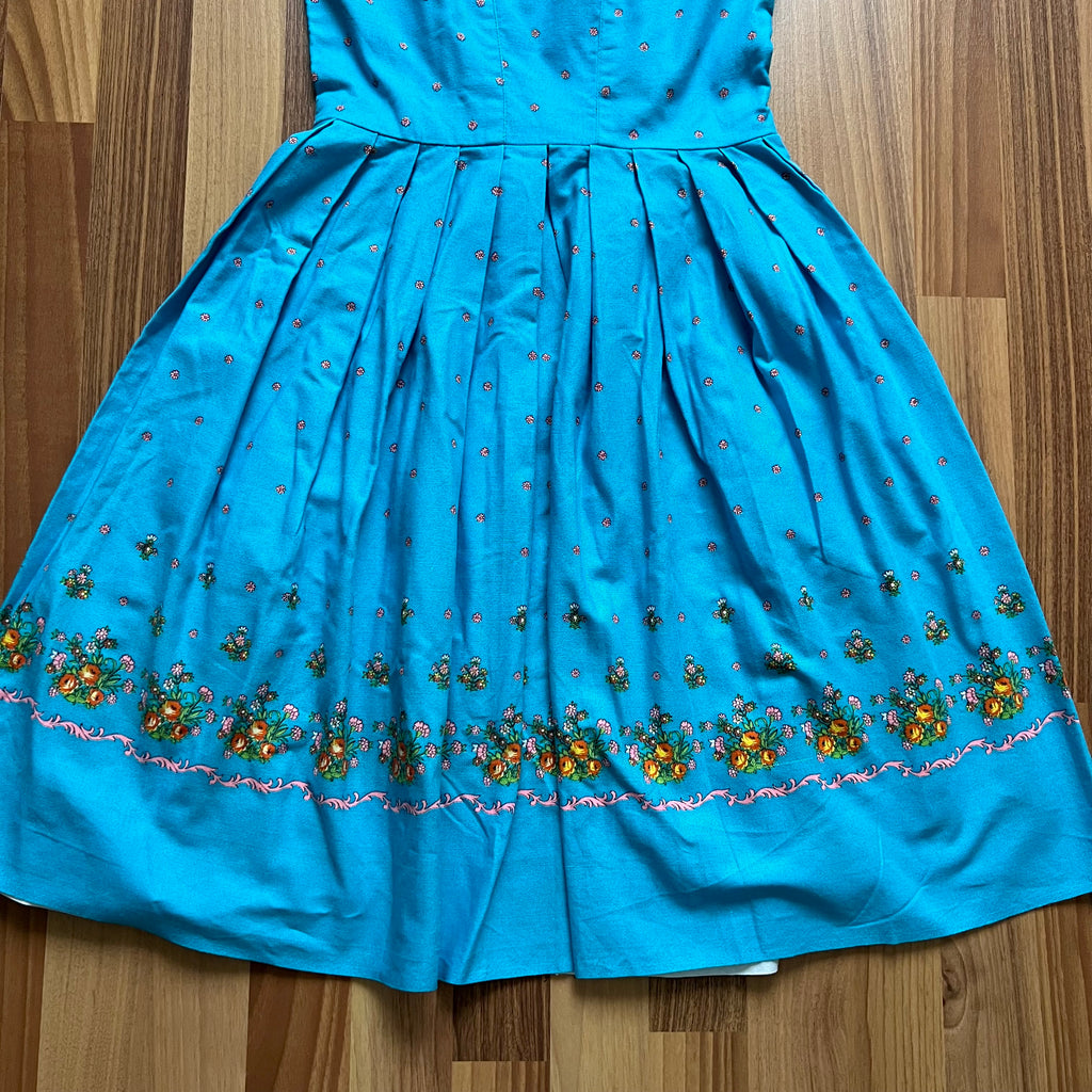70s 80s Blue Floral Trachten Dress Austrian Folk Oktoberfest Dirndl-BavarianTyrol Dress EU 38