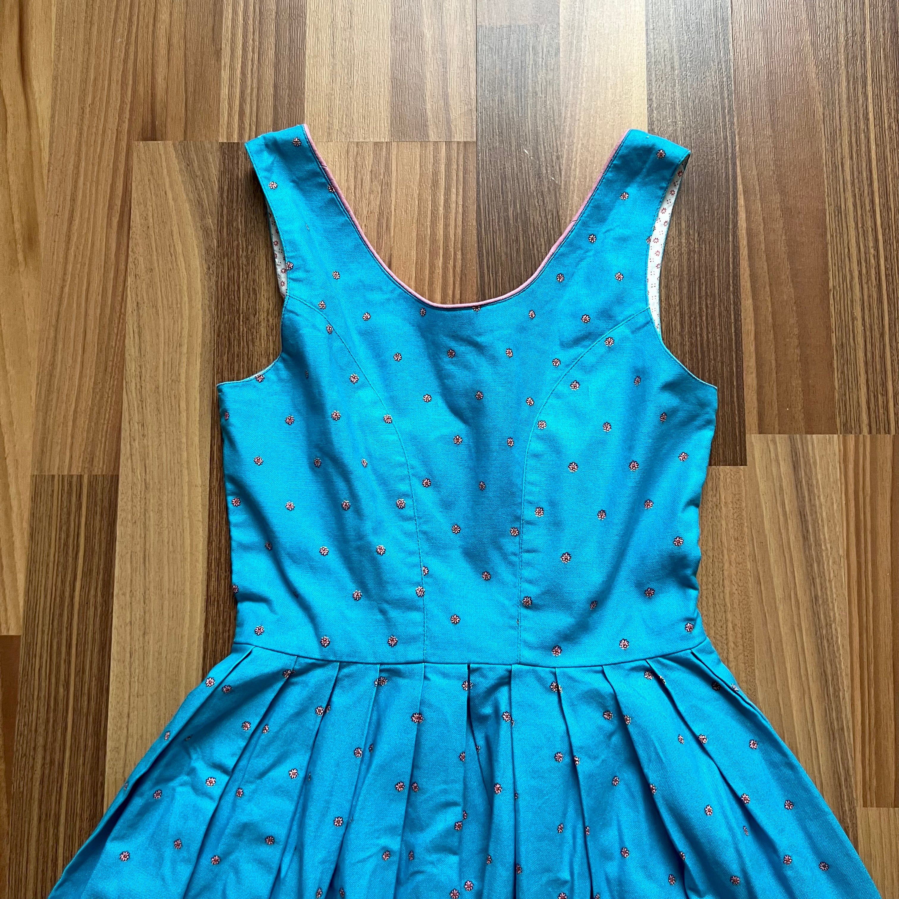 70s 80s Blue Floral Trachten Dress Austrian Folk Oktoberfest Dirndl-BavarianTyrol Dress EU 38