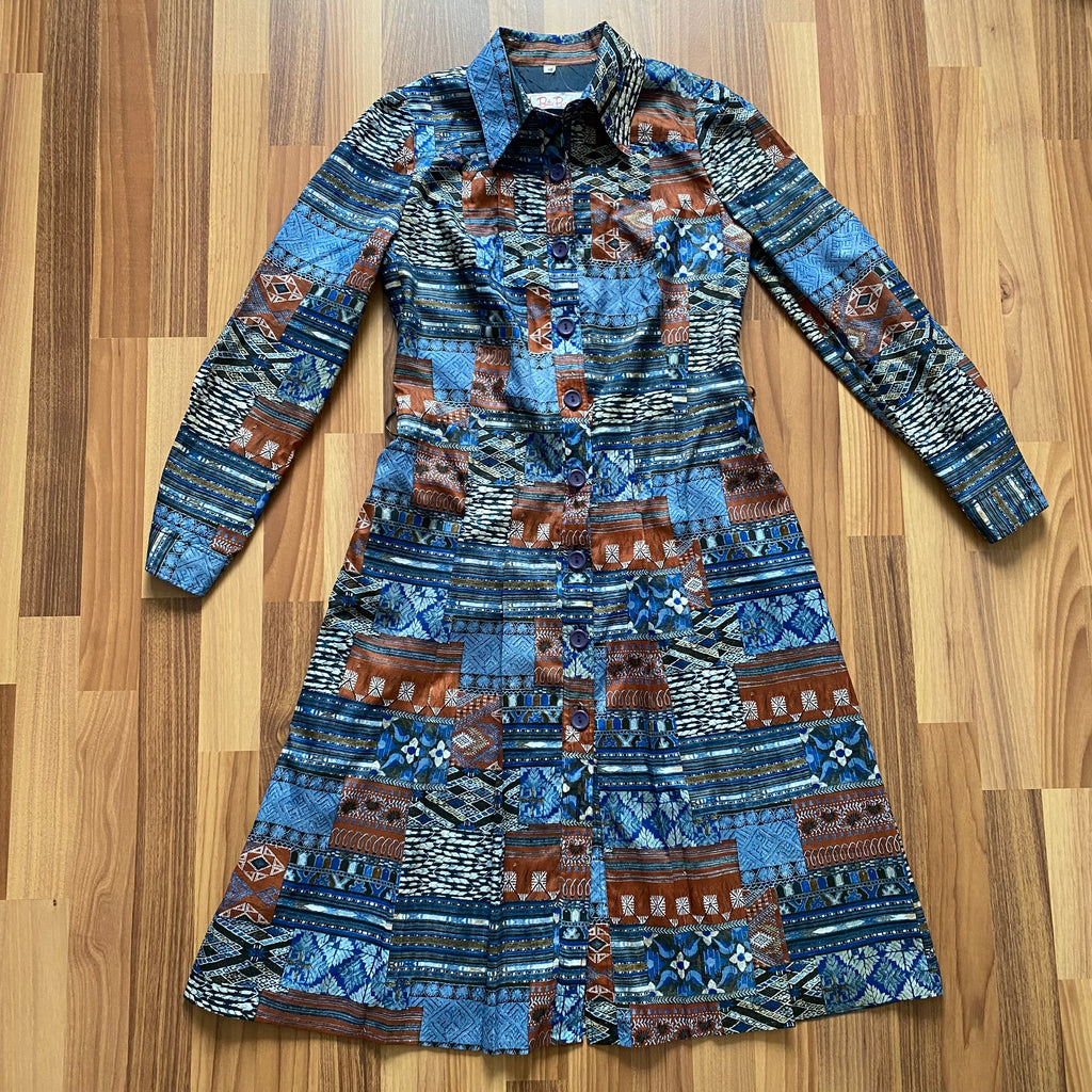 1970s BETTY BARCLAY Boho Shirt Dress-Patchwork Print Belted Hippie Folk Midi Dress