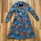 1970s BETTY BARCLAY Boho Shirt Dress-Patchwork Print Belted Hippie Folk Midi Dress