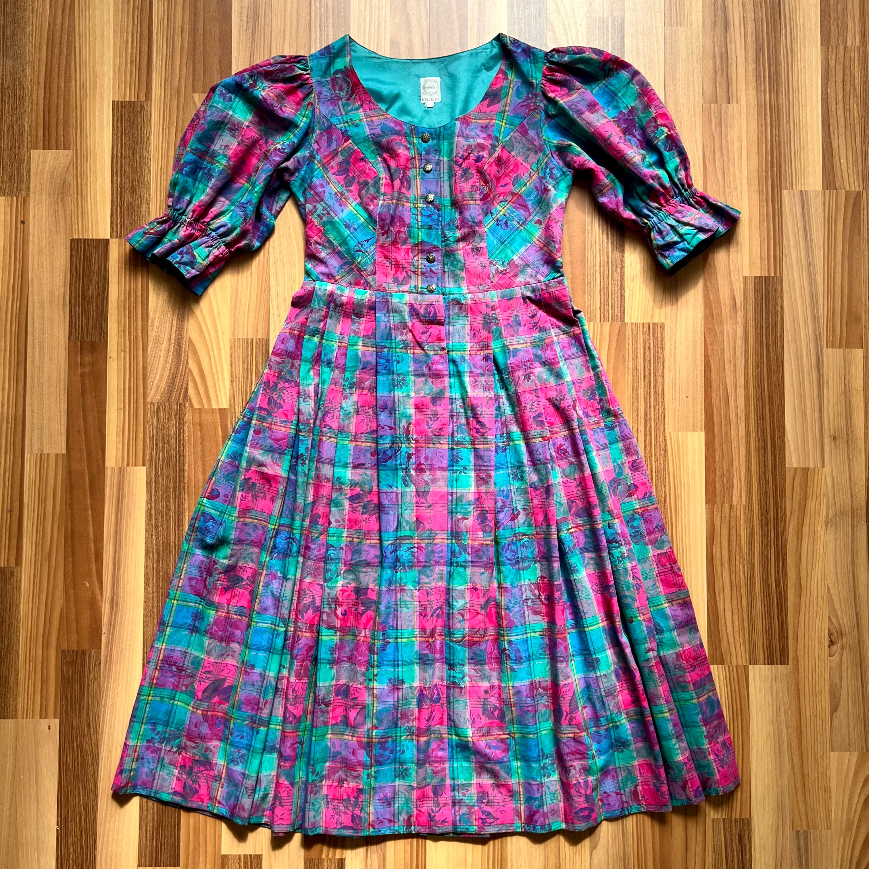Vintage 80s Austrian Trachten Dress-Bavarian Floral Plaid Dirndl Oktoberfest Dress EU 42