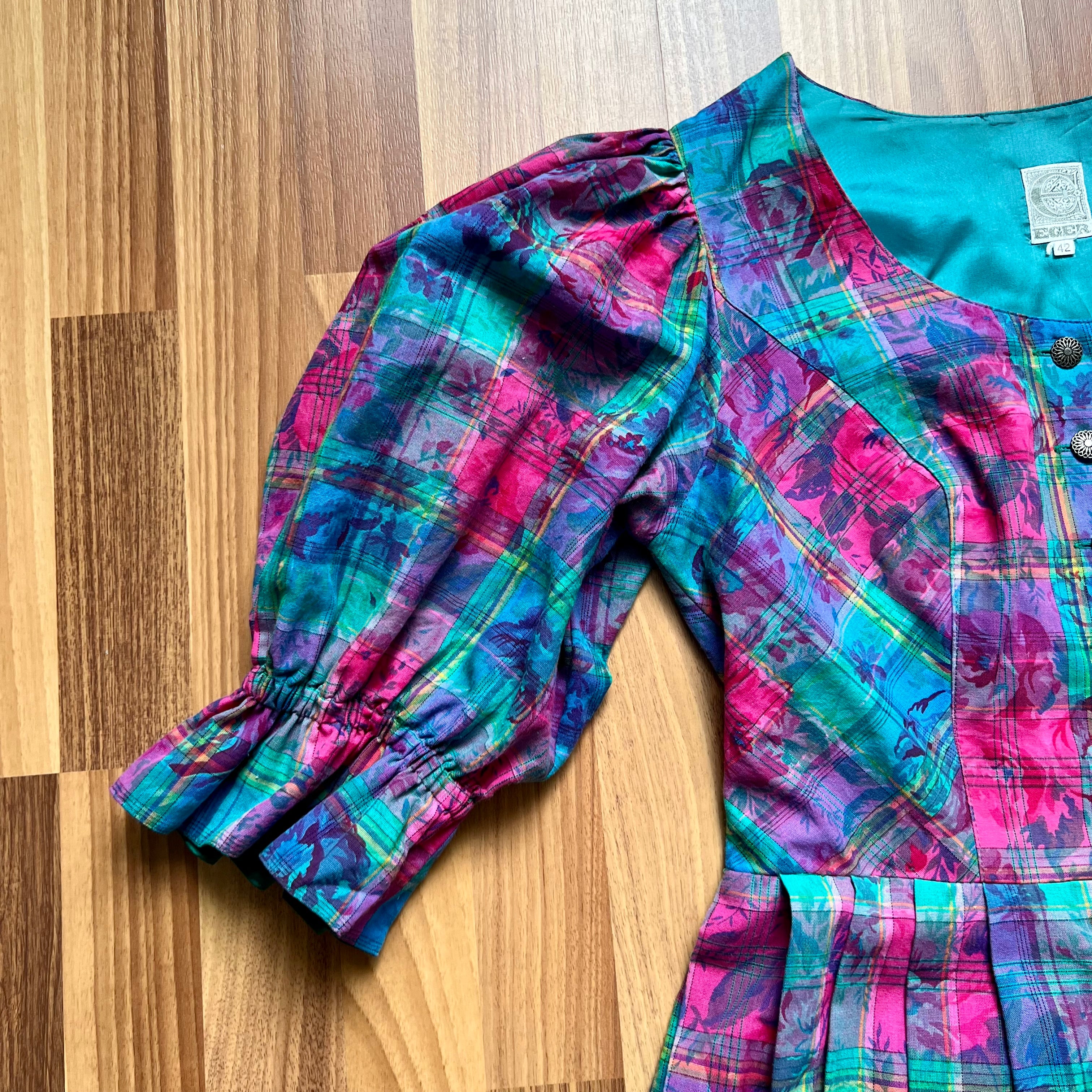Vintage 80s Austrian Trachten Dress-Bavarian Floral Plaid Dirndl Oktoberfest Dress EU 42