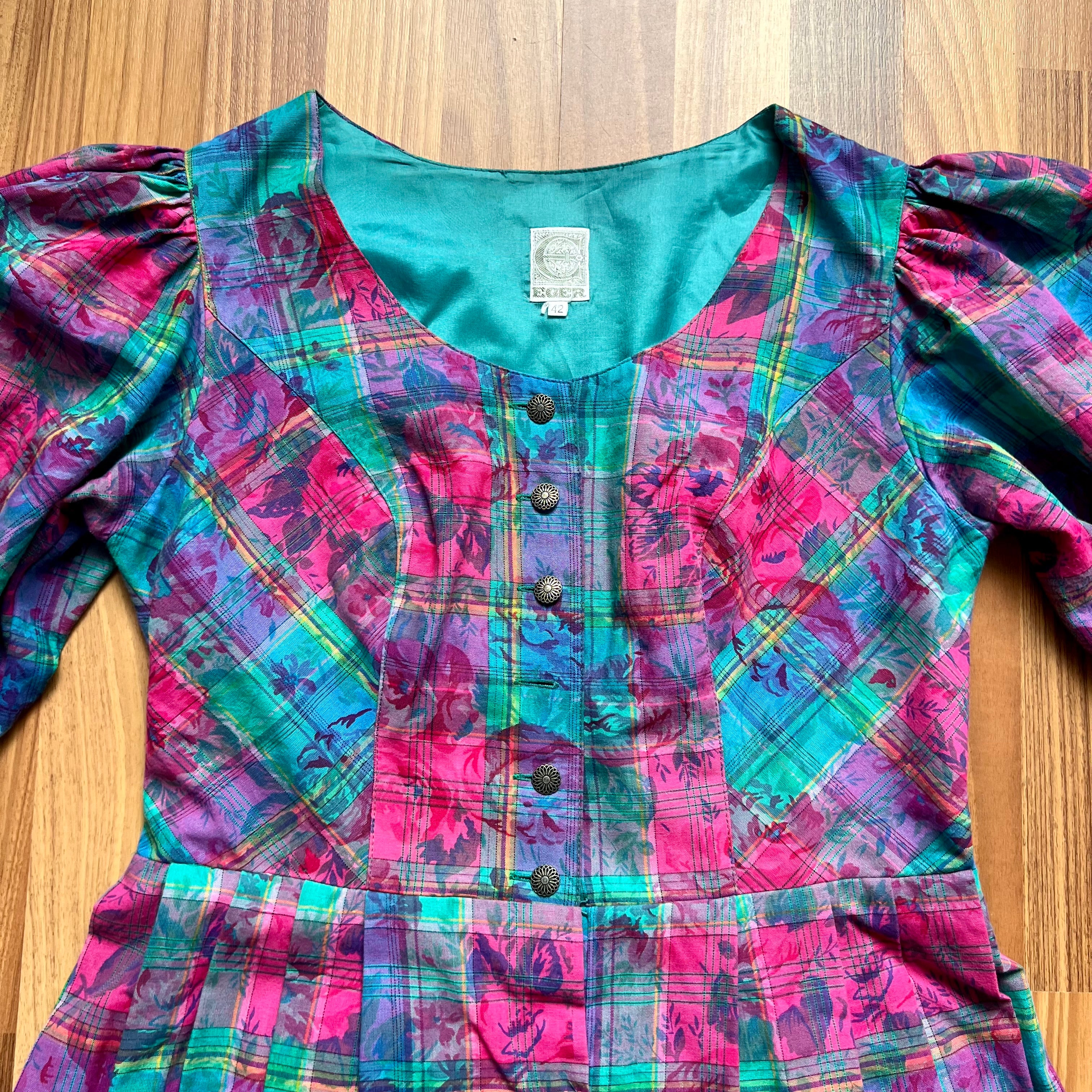 Vintage 80s Austrian Trachten Dress-Bavarian Floral Plaid Dirndl Oktoberfest Dress EU 42