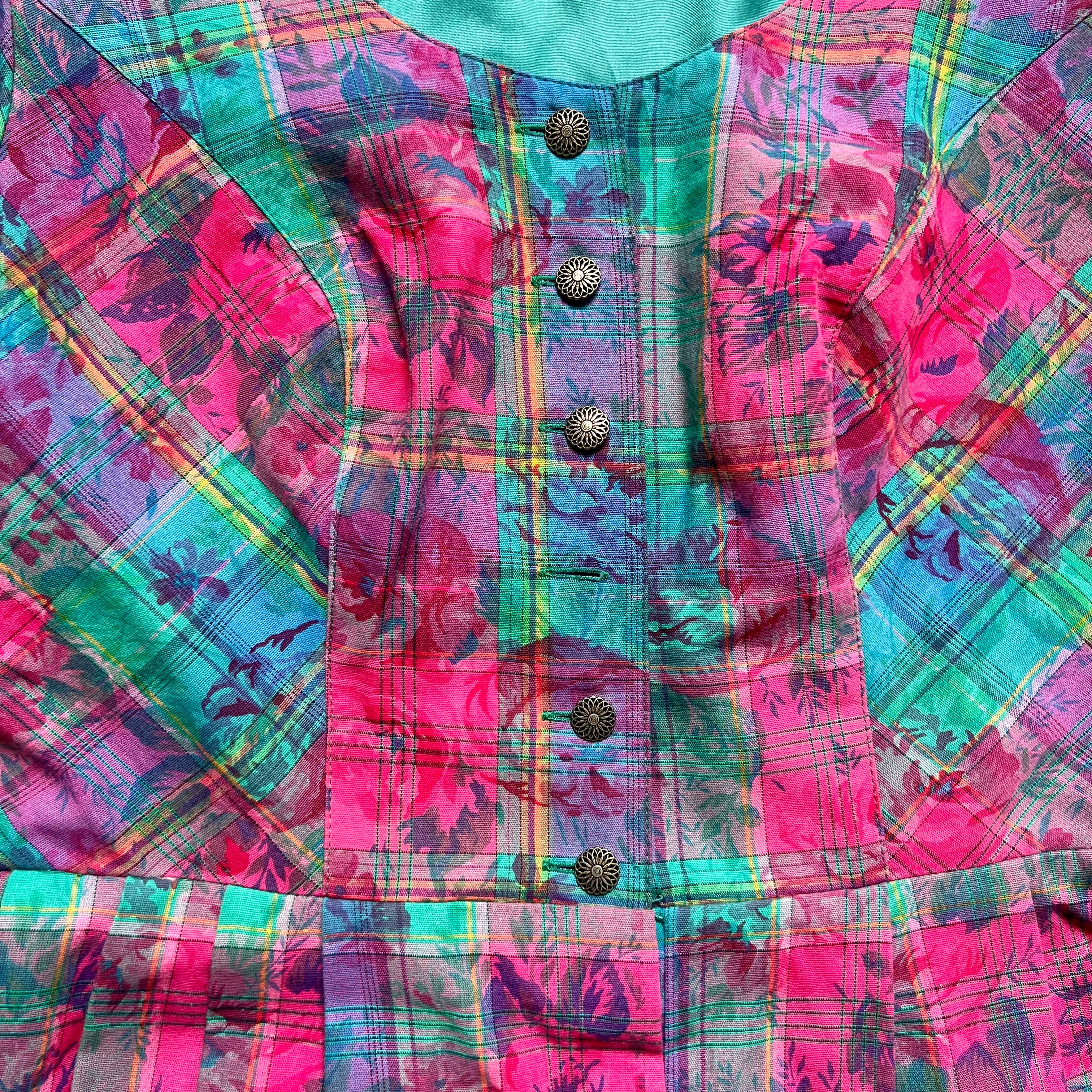 Vintage 80s Austrian Trachten Dress-Bavarian Floral Plaid Dirndl Oktoberfest Dress EU 42