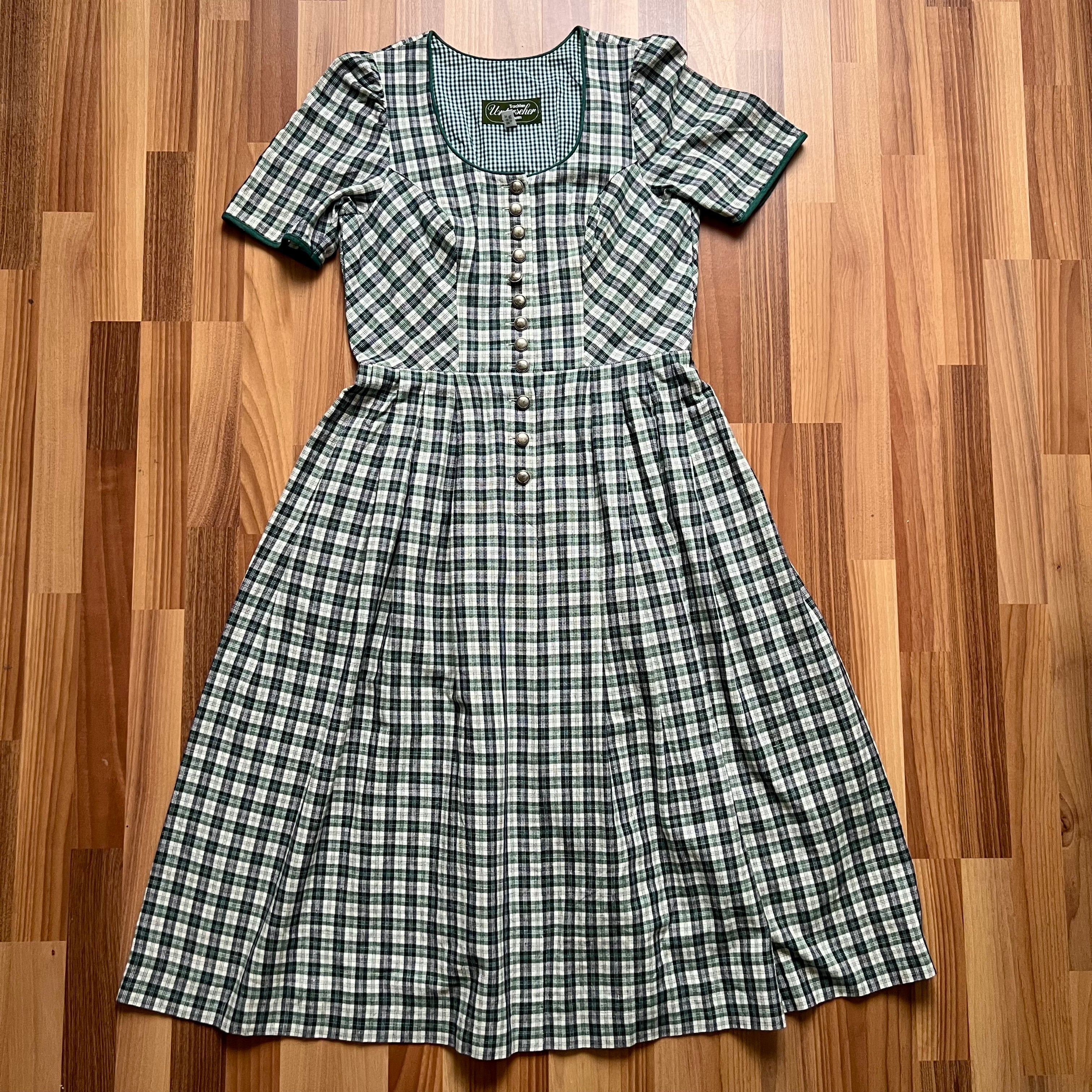 1980s Green Check Cotton Midi Dress-Button Front Bavarian Trachten Dress