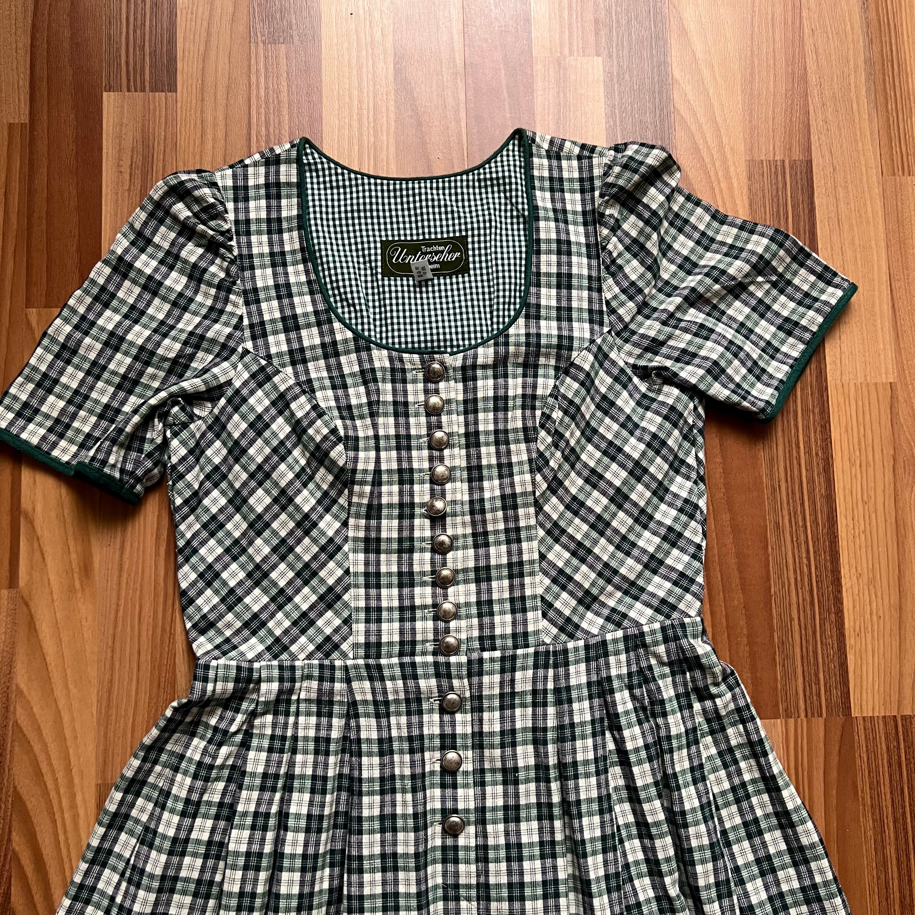 Vintage Grün Kariertes Baumwoll Trachtenkleid – Deutsches Folklore Kariertes Midikleid mit Taschen