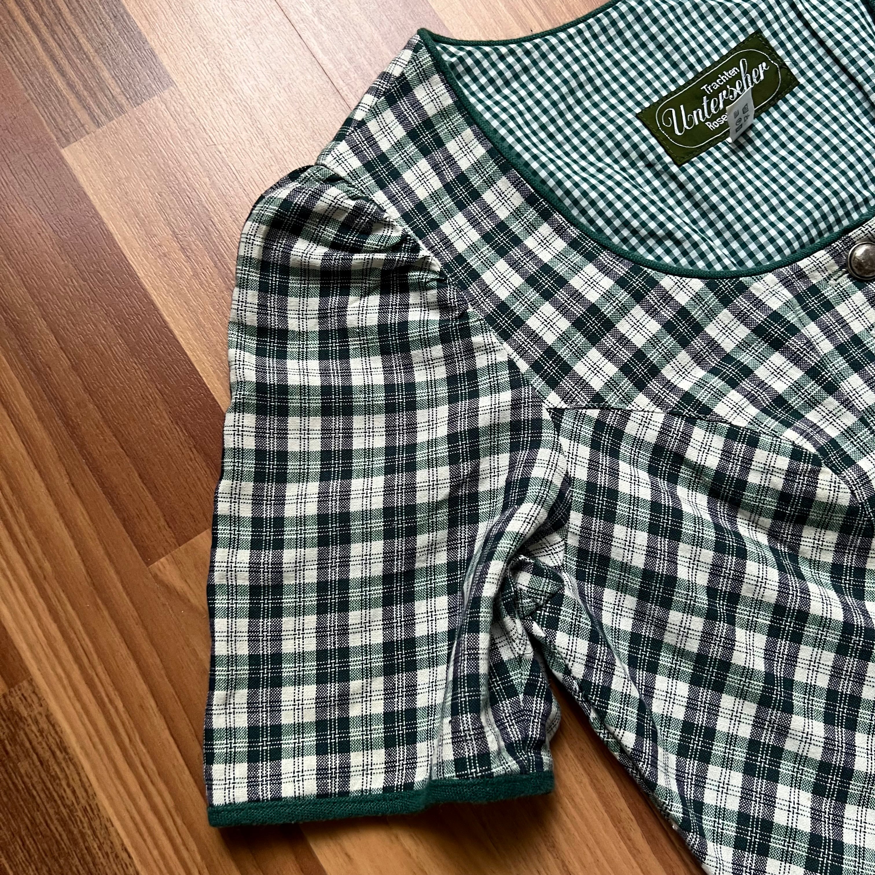 Vintage Grün Kariertes Baumwoll Trachtenkleid – Deutsches Folklore Kariertes Midikleid mit Taschen