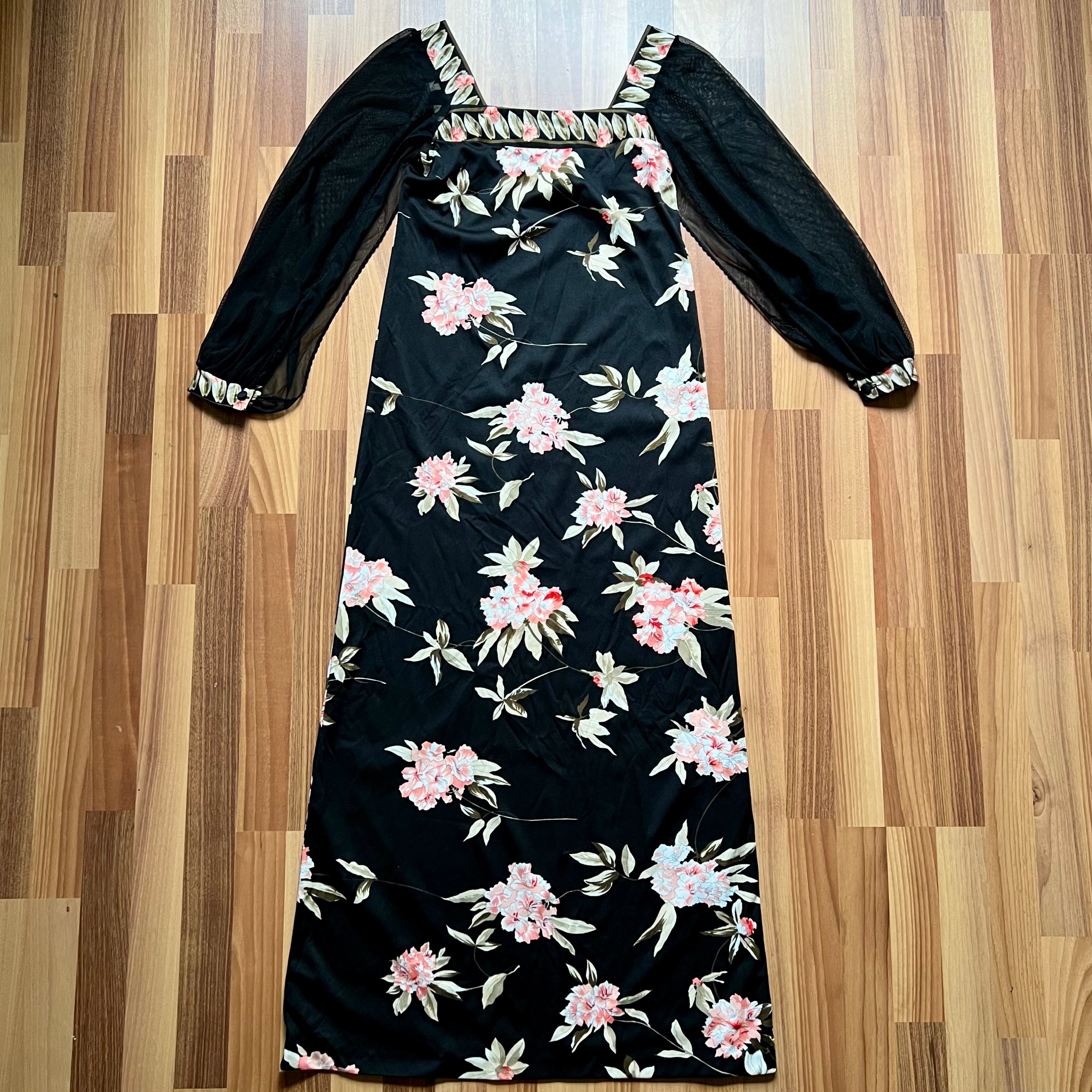 1970s Black Floral Maxi Dress-Sheer Sleeve Romantic Goth Gown-French Vintage