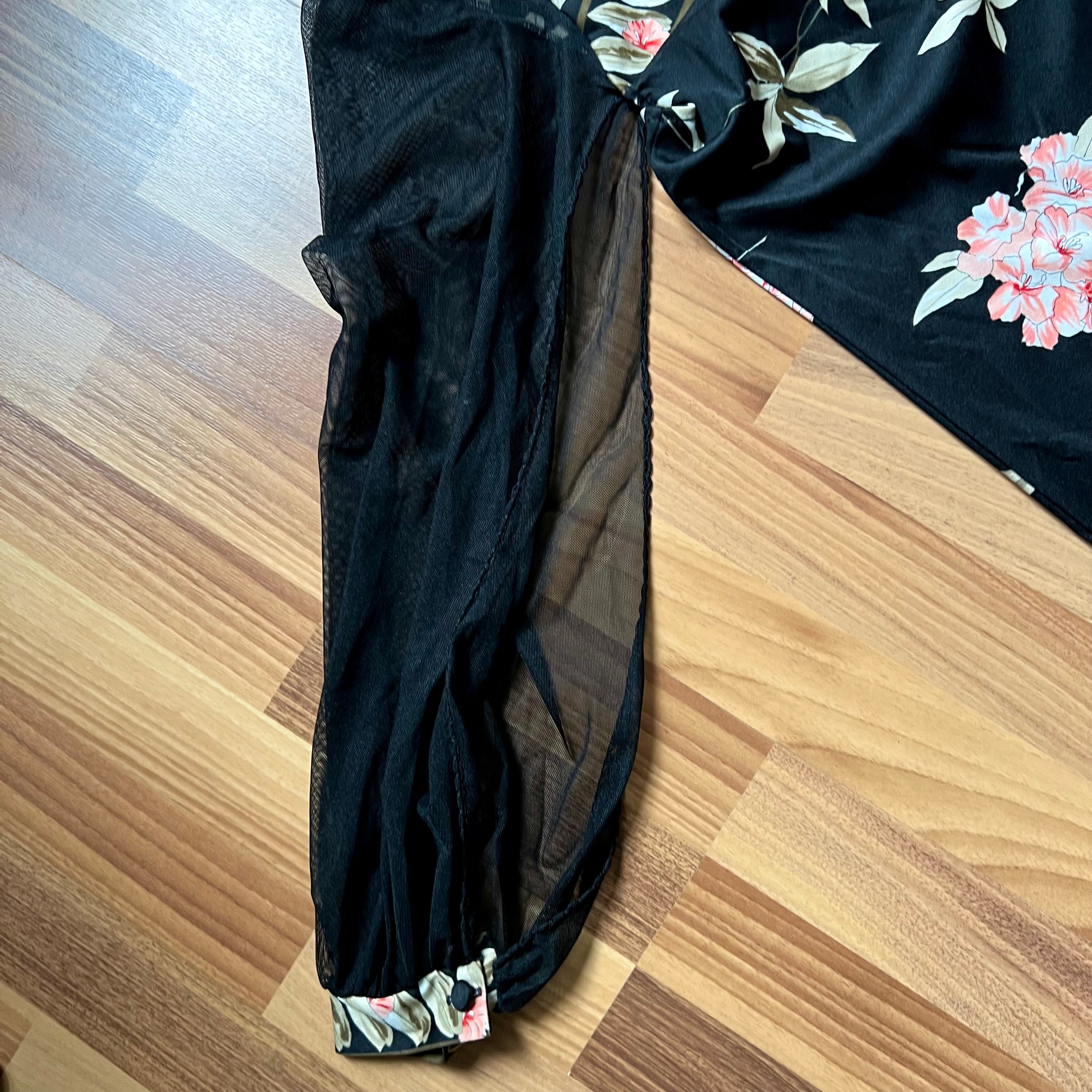 1970s Black Floral Maxi Dress-Sheer Sleeve Romantic Goth Gown French Vintage FR 40