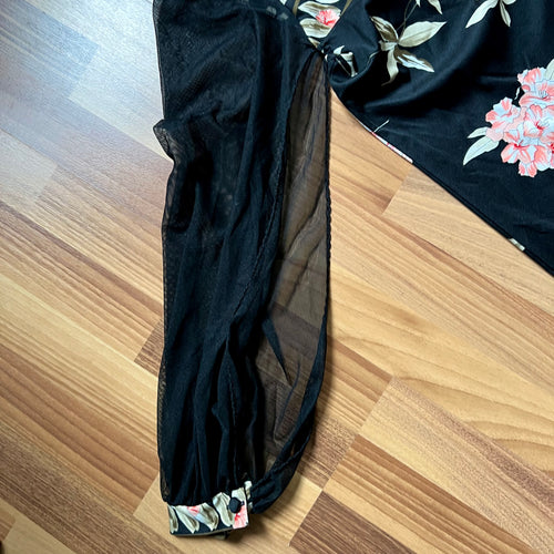 1970s Black Floral Maxi Dress-Sheer Sleeve Romantic Goth Gown French Vintage FR 40