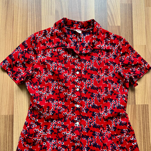 1970s Plus Size Mod Shift Dress-Vintage Floral Button Front Day Dress EU 42