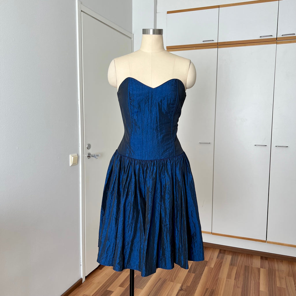1980s Strapless Prom Party Dress-Blue Metallic Taffeta Corset Bodice Gown