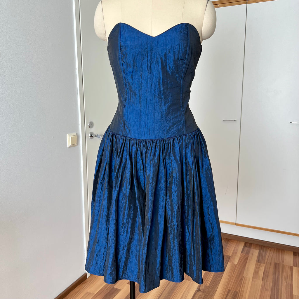 1980s Strapless Prom Party Dress-Blue Metallic Taffeta Corset Bodice Gown