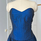 1980s Strapless Prom Party Dress-Blue Metallic Taffeta Corset Bodice Gown