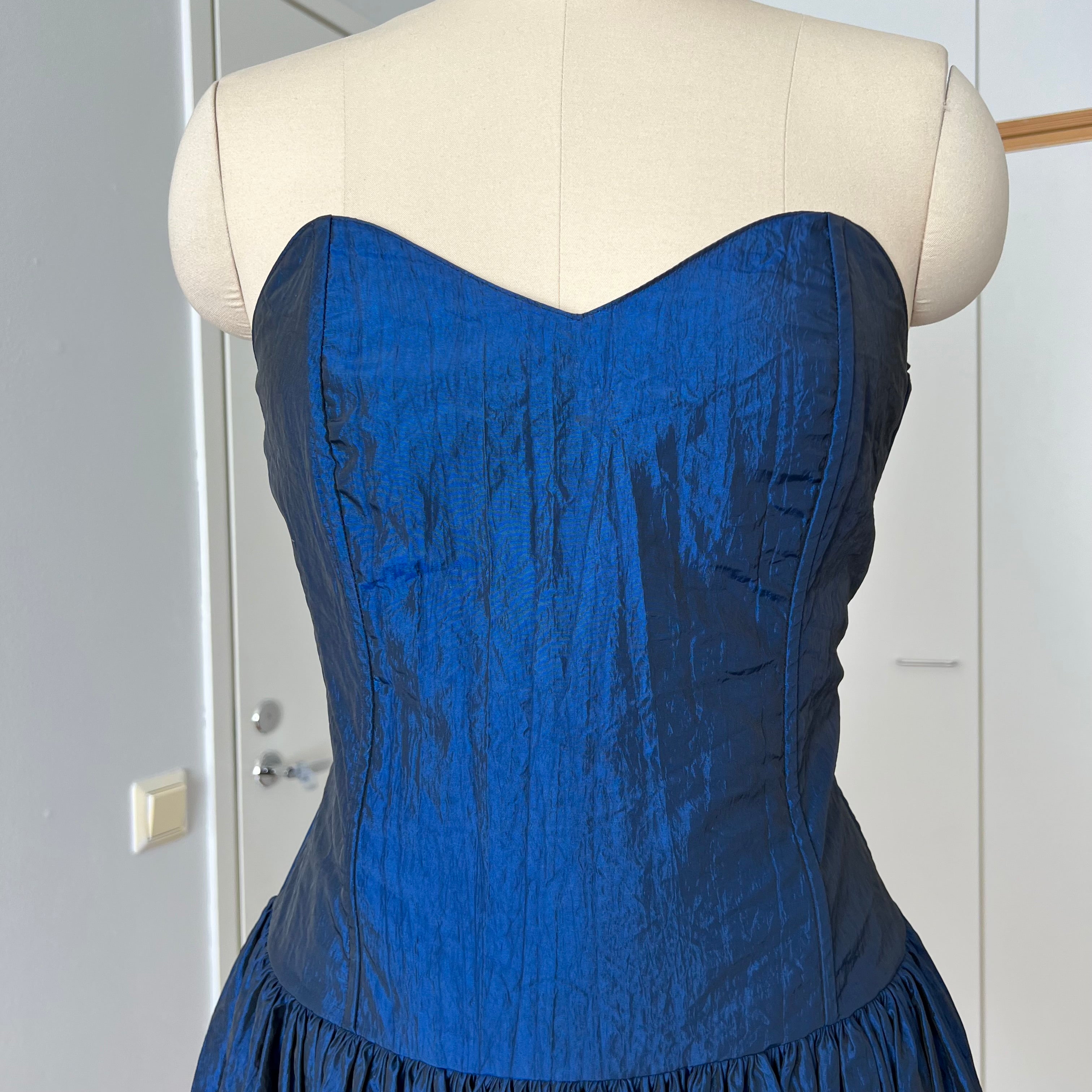 1980s Strapless Prom Party Dress-Blue Metallic Taffeta Corset Bodice Gown