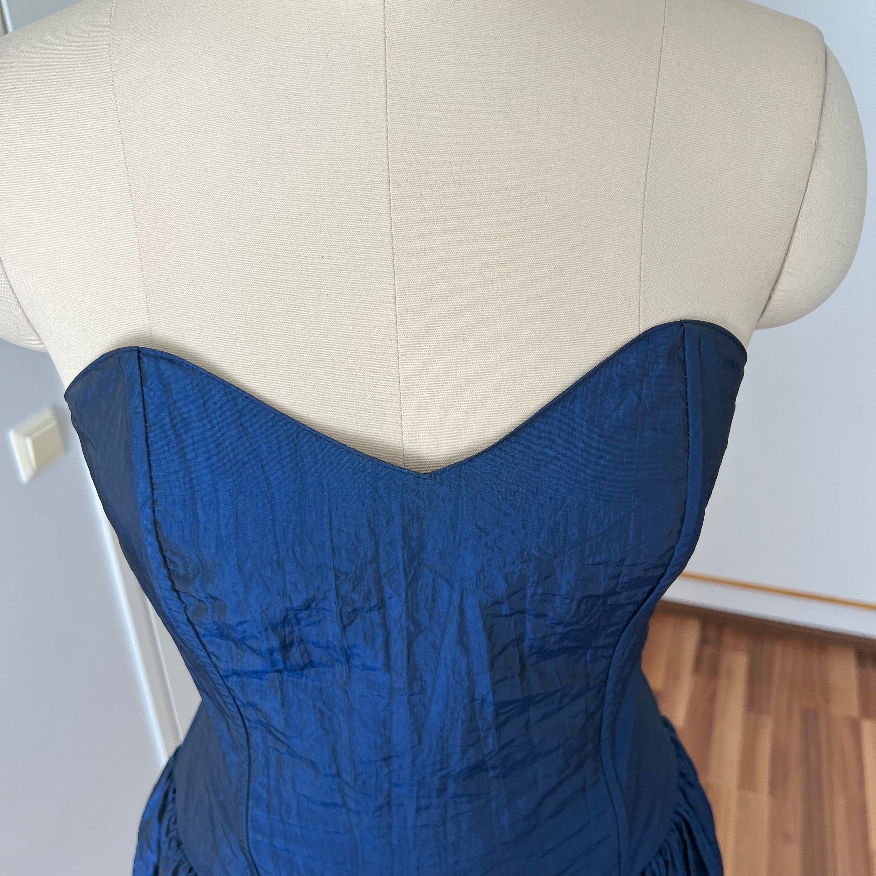 1980s Strapless Prom Party Dress-Blue Metallic Taffeta Corset Bodice Gown