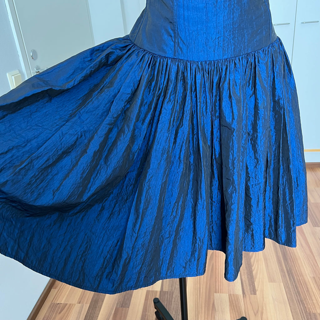 1980s Strapless Prom Party Dress-Blue Metallic Taffeta Corset Bodice Gown