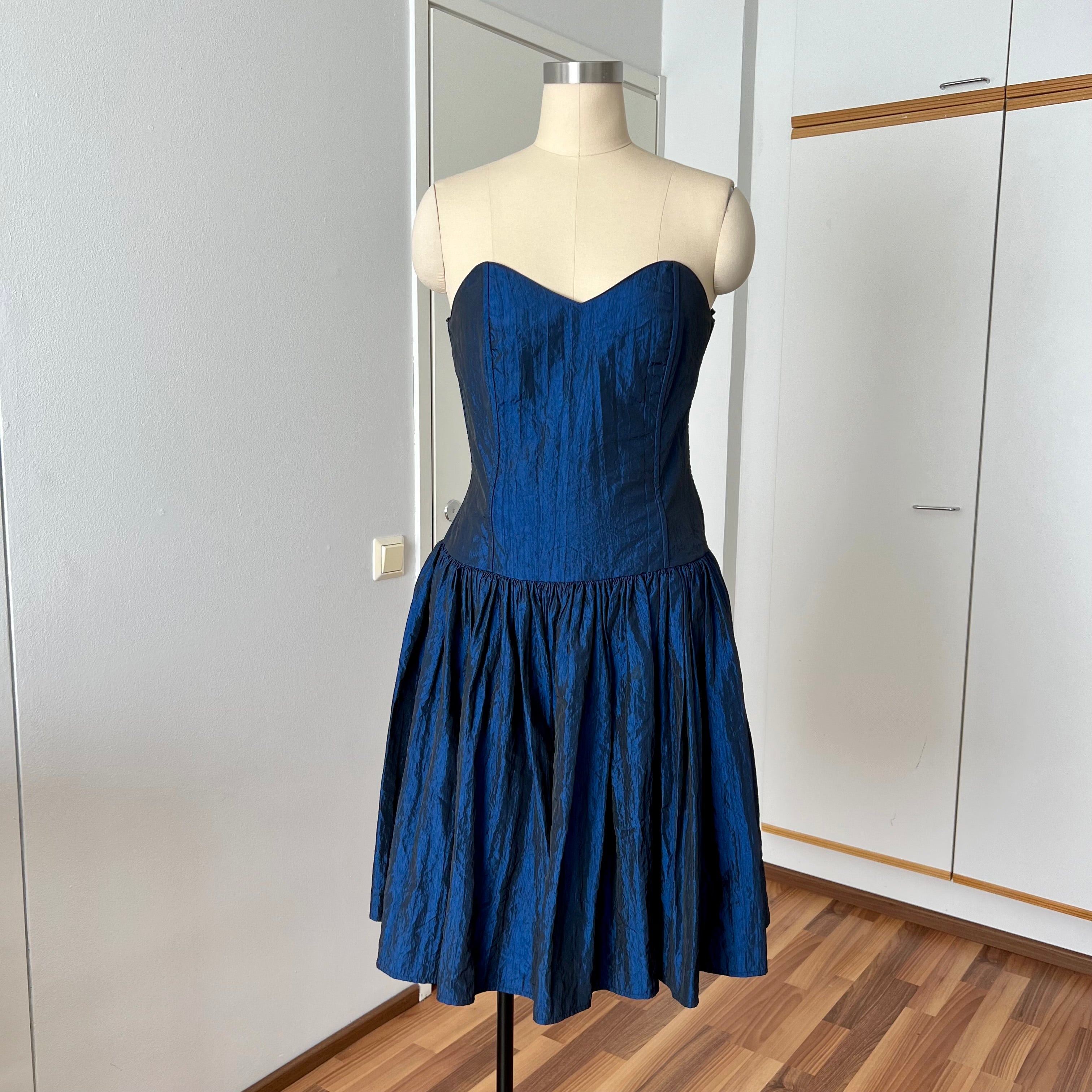 1980s Strapless Prom Party Dress-Blue Metallic Taffeta Corset Bodice Gown