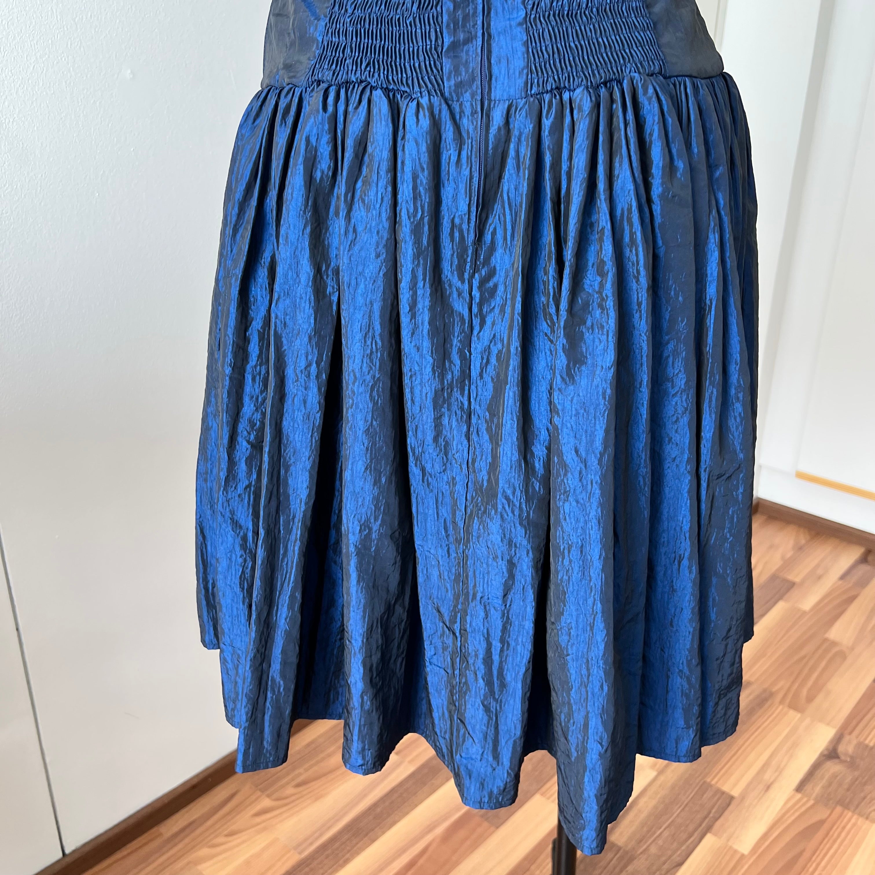 1980s Strapless Prom Party Dress-Blue Metallic Taffeta Corset Bodice Gown
