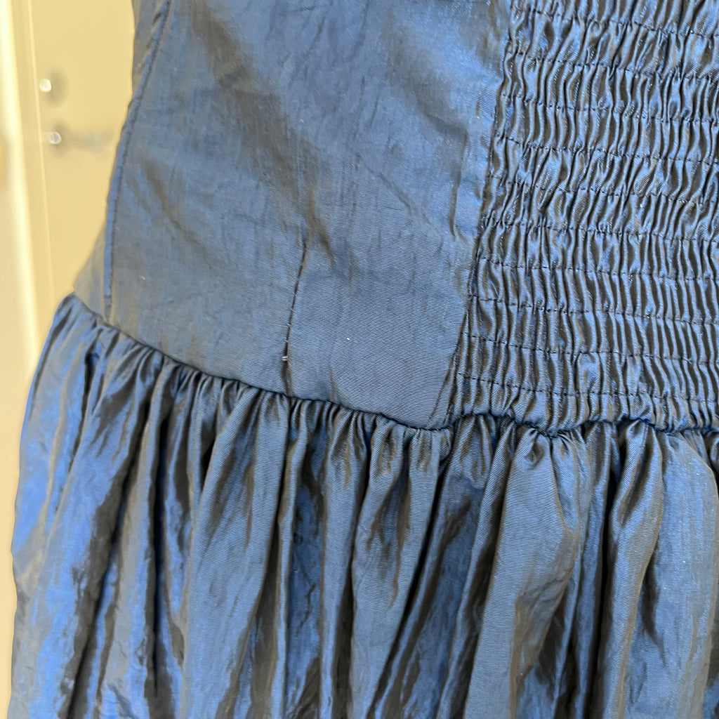1980s Strapless Prom Party Dress-Blue Metallic Taffeta Corset Bodice Gown