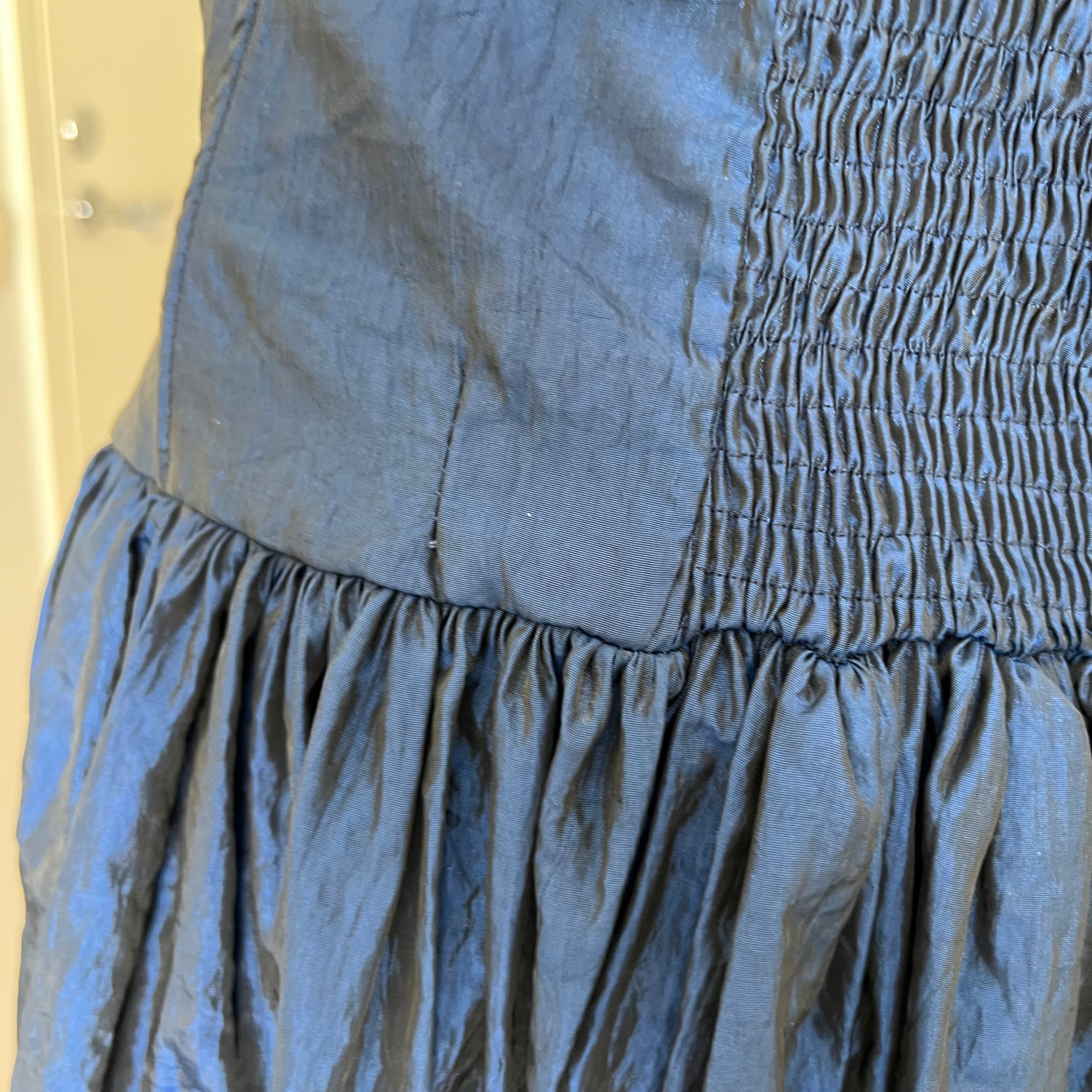 1980s Strapless Prom Party Dress-Blue Metallic Taffeta Corset Bodice Gown