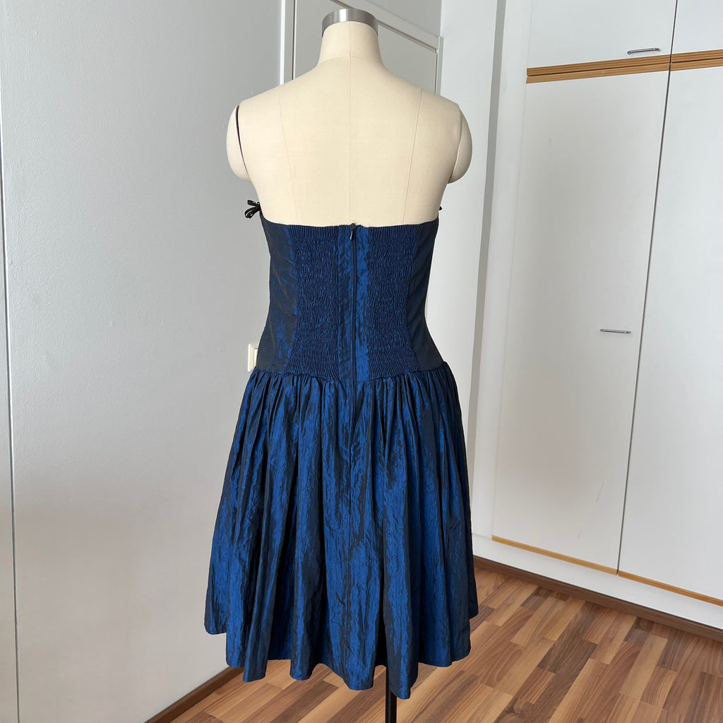 1980s Strapless Prom Party Dress-Blue Metallic Taffeta Corset Bodice Gown
