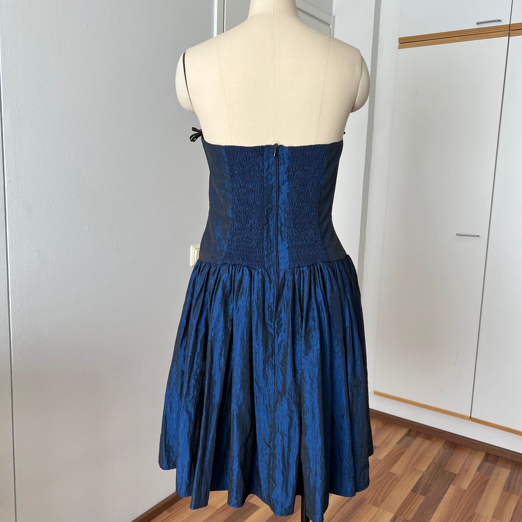 1980s Strapless Prom Party Dress-Blue Metallic Taffeta Corset Bodice Gown