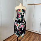 1980s Cotton Floral Corset Party Dress-Sweetheart Strapless Drop Waist Dress