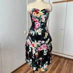 1980s Cotton Floral Corset Party Dress-Sweetheart Strapless Drop Waist Dress