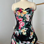 1980s Cotton Floral Corset Party Dress-Sweetheart Strapless Drop Waist Dress
