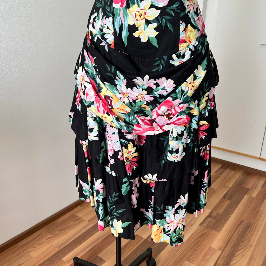 1980s Cotton Floral Corset Party Dress-Sweetheart Strapless Drop Waist Dress