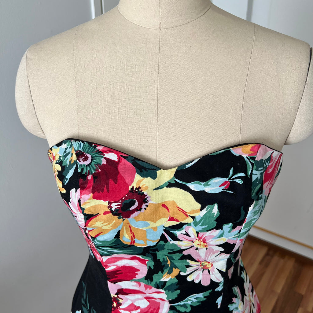 1980s Cotton Floral Corset Party Dress-Sweetheart Strapless Drop Waist Dress