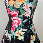 1980s Cotton Floral Corset Party Dress-Sweetheart Strapless Drop Waist Dress