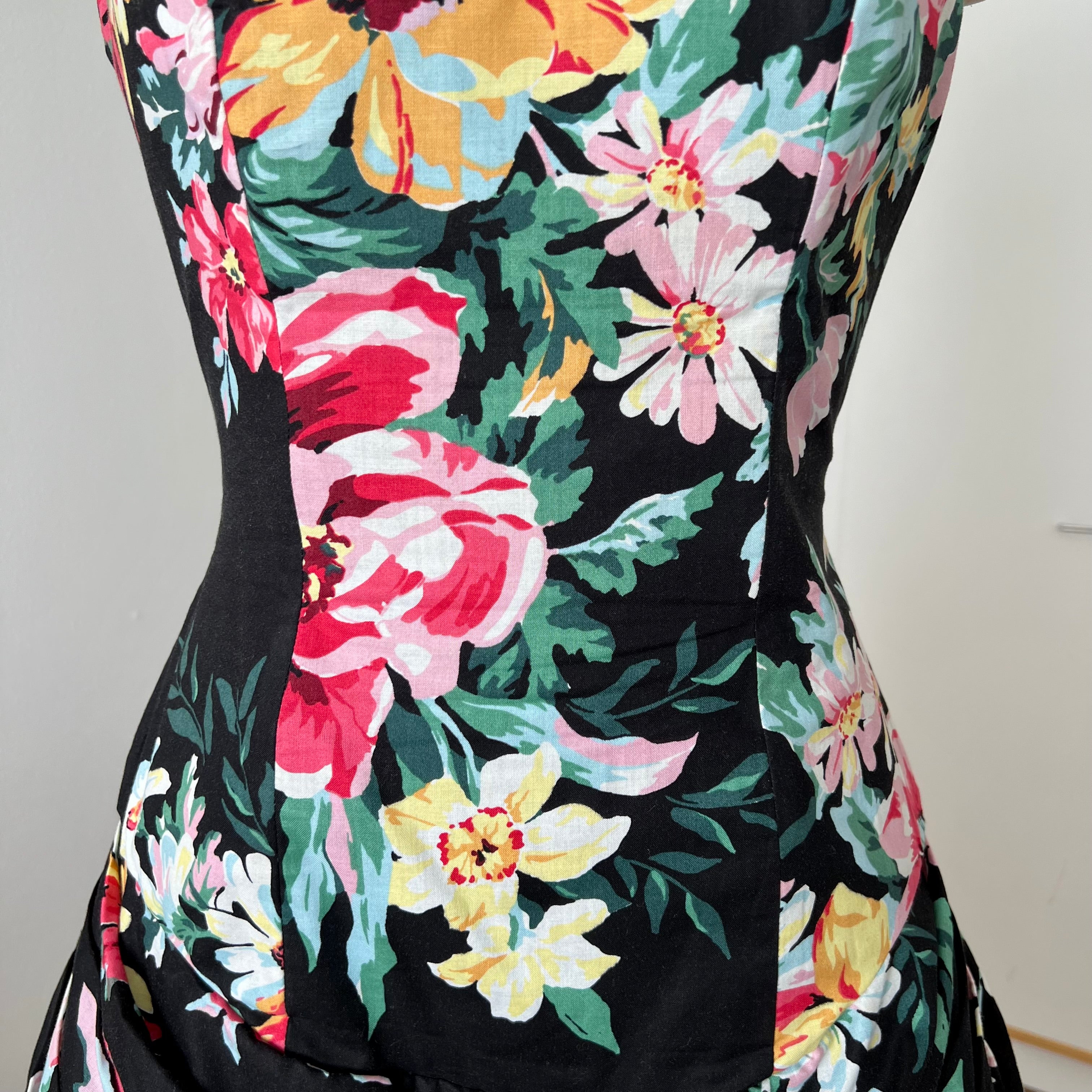 1980s Cotton Floral Corset Party Dress-Sweetheart Strapless Drop Waist Dress